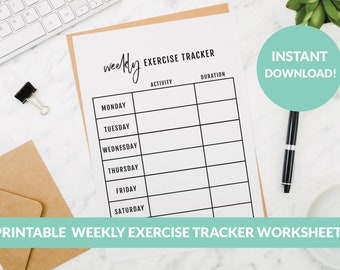 Printable Weekly Exercise Tracker Worksheet | Exercise Tracker | Weekly Fitness Planner | Worker Tracker | Exercise Log | Workout Log