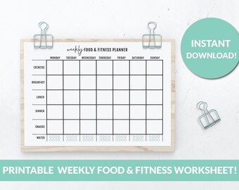 Weekly Food & Exercise Tracker | Printable Worksheet | Food Log | Food Journal |Macros Counter | Diet | Exercise Tracker