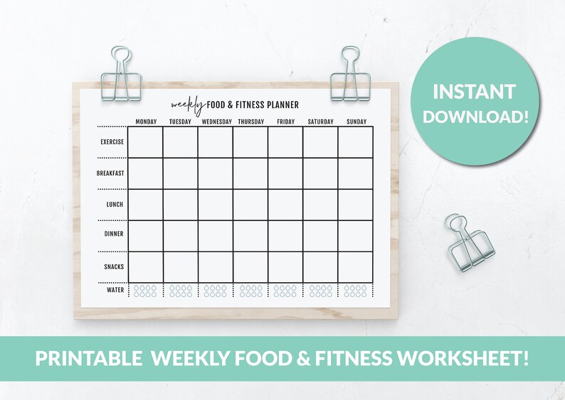 Weekly Food &amp; Exercise Tracker | Printable Worksheet | Food Log | Food ...