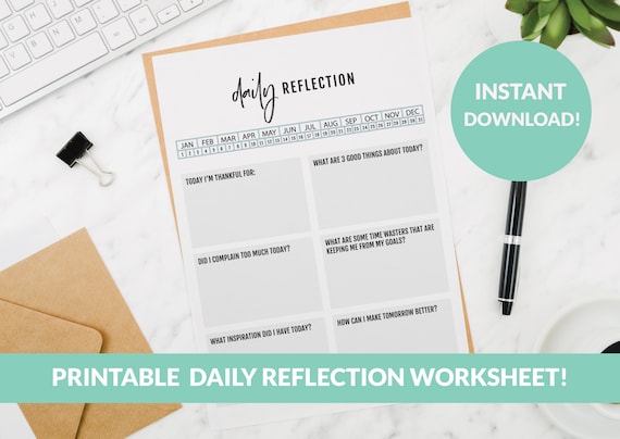 Printable Daily Reflection Worksheet | Bujo Reflection Worksheet | Bullet Journal | Daily Journal | Planner Insert | Daily Planner Worksheet