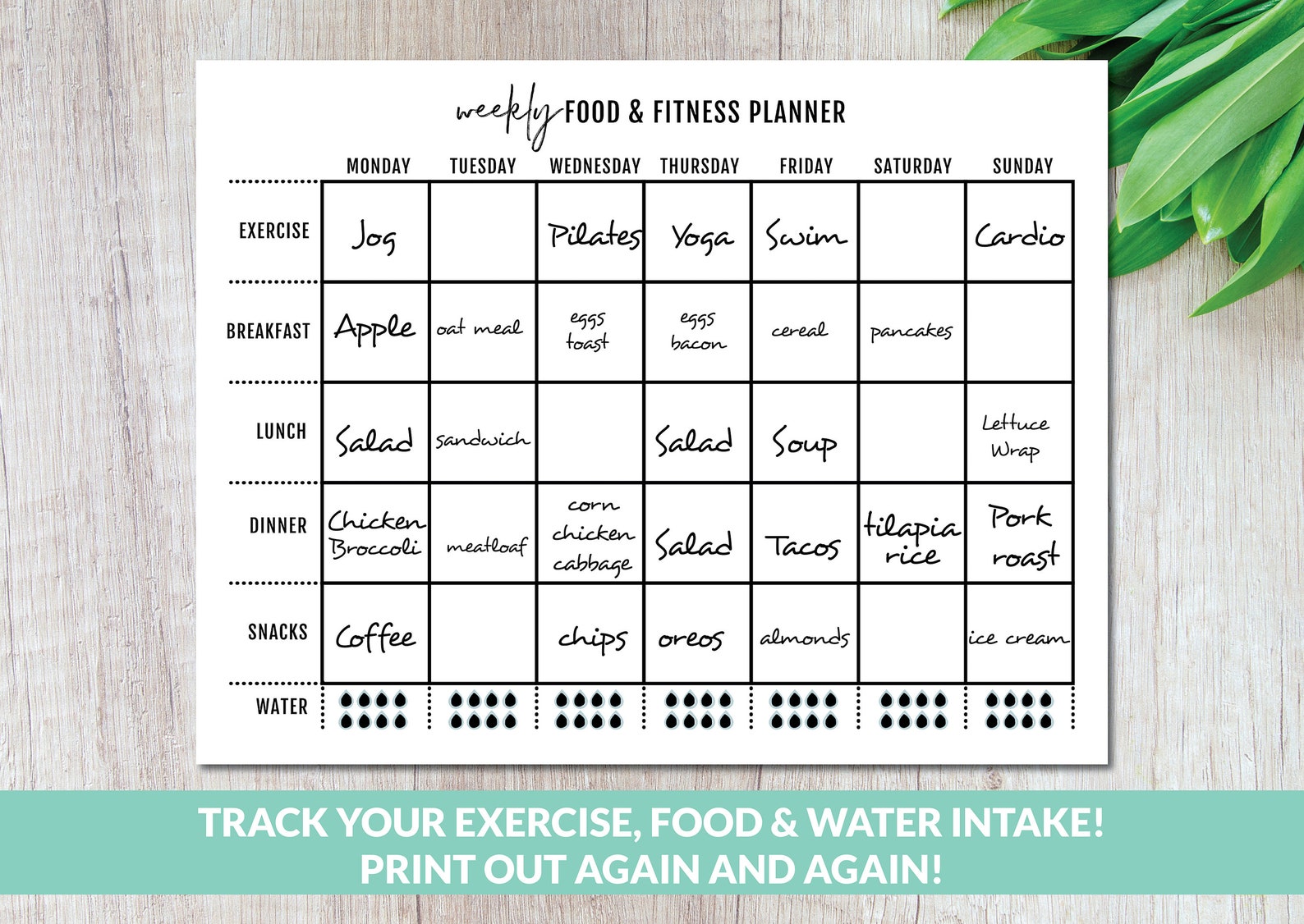 Weekly Food &amp; Exercise Tracker | Printable Worksheet | Food Log | Food ...