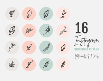 Op de afbeelding: Set van 16 Instagram-highlightcovers met botanische en bloemige illustraties in zwart-wit. De covers zijn in cirkels met een lichtgrijze, lichtroze of lichtgroene achtergrond.