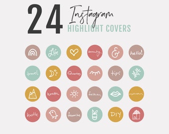 May include: Set of 24 Instagram highlight covers with various illustrations and text. The covers are in a circular shape and feature a variety of colours, including pink, yellow, blue, and green. The text includes words like "life", "travel", "quotes", "beauty", "tips", "fashion", "health", "motivation", "hustle", "favourite", and "DIY".