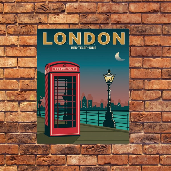 London Red Telephone Box Travel UK Britain British - Art Typograhy Inspirational Quote Metal Wall Fine Metal Art Prints, Metal Sign Tin Sign