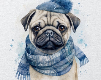 Pug Winter Snow Dog Paws Pet Animal Watercolour splash Bright - Fabric Panels Cushion Panels Velvet Cotton Polycotton Spandex