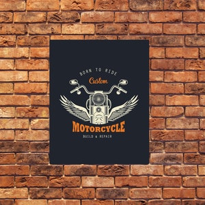 Custom Motorrad Motorrad Wings Garage Born Ride Art Typograhy Inspirierendes Zitat Metallwand Fine Metal Art Prints, Metal Sign Blechschild