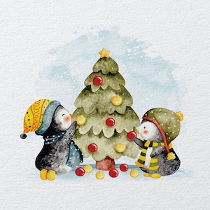 Penguins Christmas Tree   - Fabric Panels Cushion Panels Velvet Cotton Polycotton Spandex