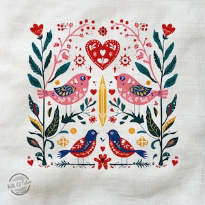 Vibrant Folk Art Illustration with Heart and Birds- Fabric Panels Cushion Panels Velvet Cotton Polycotton Spandex