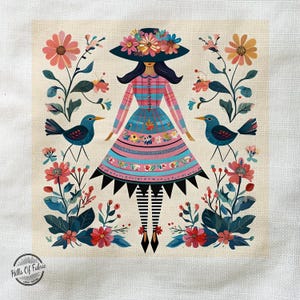 Whimsical Folk Art Illustration of Colourful Women Birds - Fabric Panels Cushion Panels Velvet Cotton Polycotton Spandex