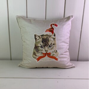 cat in Christmas hat christmas cushion cover- Cushion Case Covers, Linen Look Textile With Or Without Inner