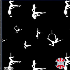 Könnte beinhalten: Schwarzweißes nahtloses Muster mit Silhouetten von Frauen, die Luftakrobatik an einer Stange und einem Reifen ausführen. Das Muster wiederholt sich über das gesamte Bild. Der Text "MADE IN BRITAIN" ist in der unteren rechten Ecke des Bildes sichtbar.