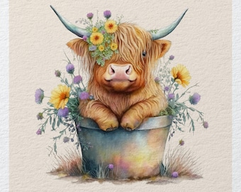 highland cow thistle flowers- Fabric Panels Cushion Panels Velvet Cotton Polycotton Spandex