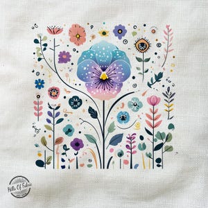 Vibrant Floral Illustration With Central Pansy Flowers - Fabric Panels Cushion Panels Velvet Cotton Polycotton Spandex