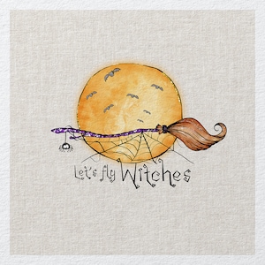 Lets Fly Witches Halloween Broomstick Moon   - Fabric Panels Cushion Panels Velvet Cotton Polycotton Spandex