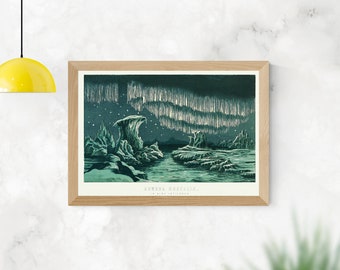 Ilustración vintage Aurora Borealis en altas latitudes luces polares cielo nocturno - Vintage Reproducción Pared Bellas Artes Impresiones, Carteles de Arte