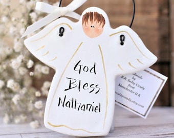 4 1/2'' Personalised Boy Angel 1st Communion gift or Christening gift, White hanging angel personalised Baptism ornament, gift for godson