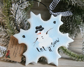 Large hand painted salt dough Snowflake hanging ornaments Winter Christmas tree or wall decor Let it Snow, Farmhouse Snowmen Christmas gift,