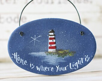 Nautical Lighthouse Salt Dough Plaque Primitive Rustic Home Decoration, Blue Wall Plaque,  Family gift, Seaside decor, Beach House decor