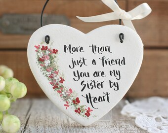 White Heart Sisters gift salt dough hanging ornament, Thank you gift, Personalised heart gift for sister, More than just a friend ...