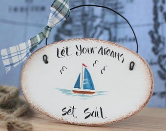 Salt dough Nautical Plaque with yacht, Rustic decoration,Boat wall art, Gift for family or friend,Seaside decor, Beach House decor,Sea theme