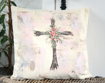 HAND PAINTED cushion cover, Easter decoration, Easter gift, Natural cotton cushion cover, Hand painted floral cross, cushion case, Painting