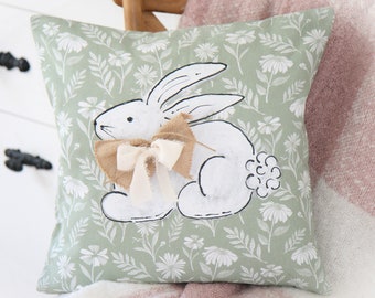 HAND PAINTED cushion cover, Spring Easter decoration, Easter gift, Green cotton floral cushion cover, Bunny Rabbit country cushion case