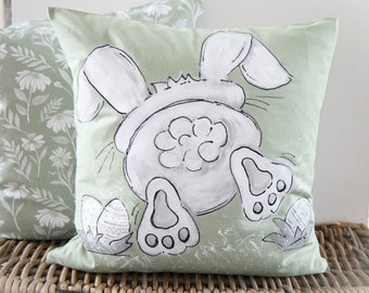 HAND PAINTED cushion cover, Spring Easter decoration, Easter gift, Green cotton cushion cover, Running Bunny Rabbit with Eggs cushion case