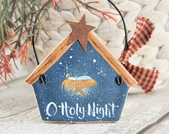 Baby Jesus Manger Christmas ornament, O Holy Night Christmas tree decorations, Primitive decor, Rustic Christmas ornament, Christmas gift