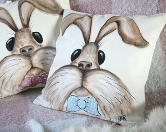 HAND PAINTED Hare cushion cover, Bunny Spring Easter decoration, Easter gift Living room Summer decoration, Bunny Rabbit cushion case