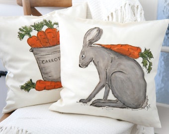 HAND PAINTED cotton cushion covers, hare with carrot natural Rustic Spring Easter home decoration, Easter gift, Garden Patio decoration