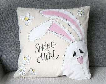 HAND PAINTED White bunny cushion cover, Spring is here sign Spring Easter decoration, Easter gift Living room Easter decoration cushion case