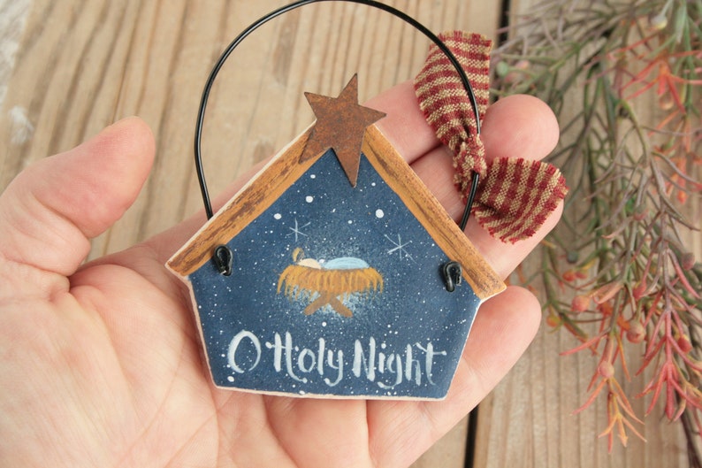 Baby Jesus Manger Christmas ornament, O Holy Night Christmas tree decorations, Primitive decor, Rustic Christmas ornament, Christmas gift image 3