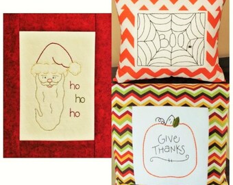 3 Seasonal hand embroidery patterns. Halloween spider web, Thanksgiving pumpkin, and Christmas Santa. All will fit in a 5x7 frame.