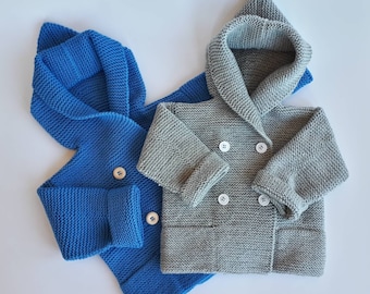 MADE TO ORDER/ Hand knitted baby sweater/jacket with hood and pockets/ Merino wool