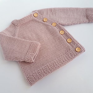 MADE TO ORDER/ Hand knitted side fastened baby sweater/ Merino wool Powder pink