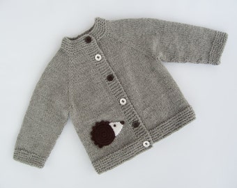 MADE TO ORDER/ Hand knitted baby sweater "Hedgehog" (crocheted application)/ Merino wool