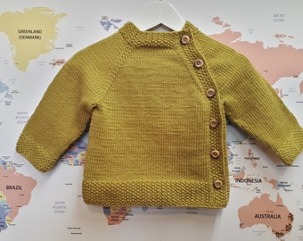 MADE TO ORDER/ Hand knitted side fastened baby sweater/ Merino wool/ Olive color