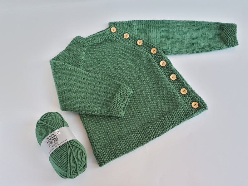 MADE TO ORDER/ Hand knitted side fastened baby sweater/ Merino wool Forest green