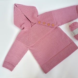 MADE TO ORDER/ Hand knitted baby sweater with hood and raglan sleeve/ Nordic style/ Merino wool Pink