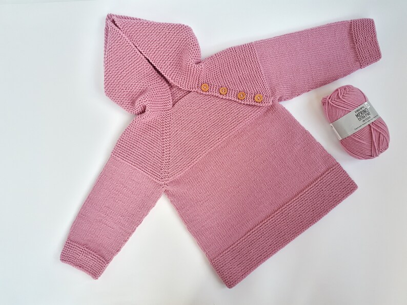 MADE TO ORDER/ Hand knitted baby sweater with hood and raglan sleeve/ Nordic style/ Merino wool Pink