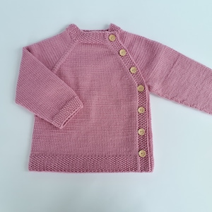 MADE TO ORDER/ Hand knitted side fastened baby sweater/ Merino wool Pink