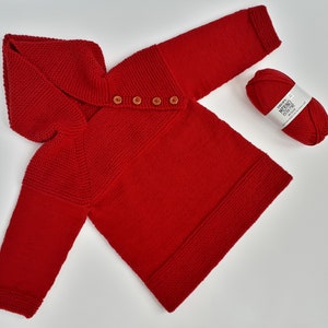 MADE TO ORDER/ Hand knitted baby sweater with hood and raglan sleeve/ Nordic style/ Merino wool Red