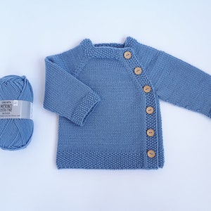 MADE TO ORDER/ Hand knitted side fastened baby sweater/ Merino wool Light grey blue