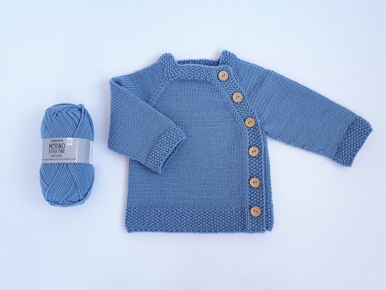 MADE TO ORDER/ Hand knitted side fastened baby sweater/ Merino wool Light grey blue