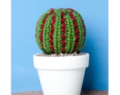 Knitted Cactus in a Pot - Red Dotted Stripes - handmade plant, home and office decoration, adorable fake plant, toy plush cactus, Amigurumi