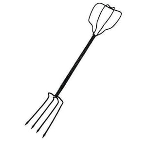 May include: A black metal three-pronged fork with a long handle.