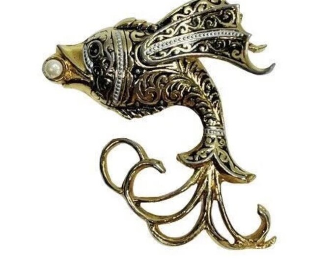 Flying Fish Pin Module VINTAGE Flying Fish Brooch Damascene Filigree Gold Silver Tone Figurine ...
