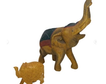2 Vintage Wooden Hand Carved Elephants Primitive Painted Wood Figurines Trunk Up Vintage Elephant Figurine Vintage Home Decor Lucky Elephant