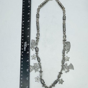 Vintage MARCIE Angels & Stars Pewter 9 Charm Necklace Silver Tone Beads Artisan Jewelry Made in USA Signed Angel Charms zdjęcie 4