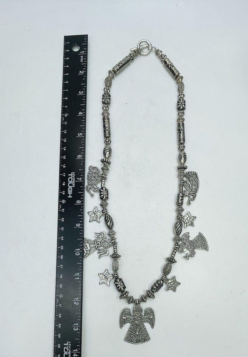 Vintage MARCIE Angels & Stars Pewter 9 Charm Necklace Silver Tone Beads Artisan Jewelry Made in USA Signed Angel Charms zdjęcie 4